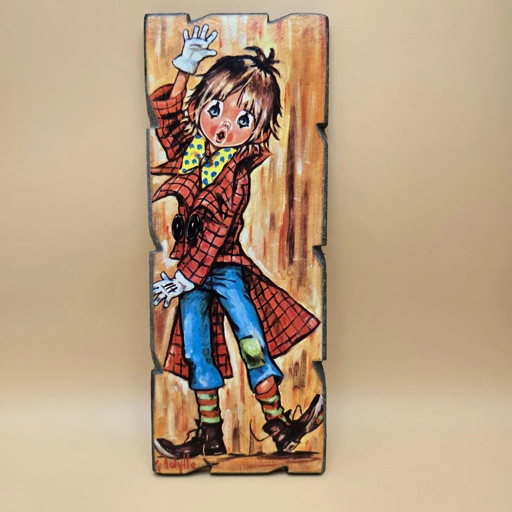 Vintage Idylle Italy Wood Wall Plaque Mid Century Boy Plaid Coat Art